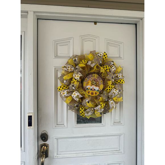 Bee Our Guest Sunflower Gnome Ribbon Deco Mesh Spring Summer Wreath, Door Hanger - Picture 7 of 7